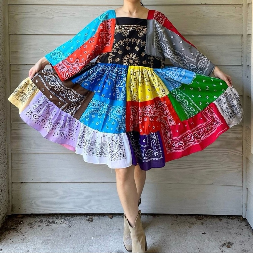 Boho Patchwork Bandana Midi Dress in Multicolor